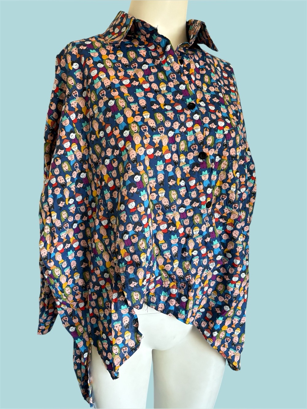 Navy Multicolor Face-Print Button Tunic — Women’s Collared Top